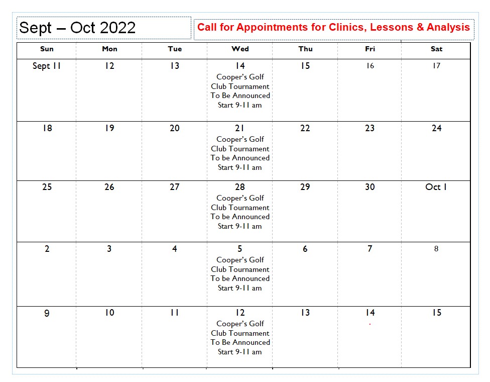 Cooper's Golf Park Event Calendar